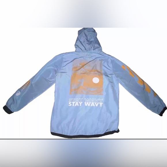 Light Blue Windbreaker Jacket Mens Large Stay Wavy Logo Brooklyn Cloth Co - Picture 2 of 7